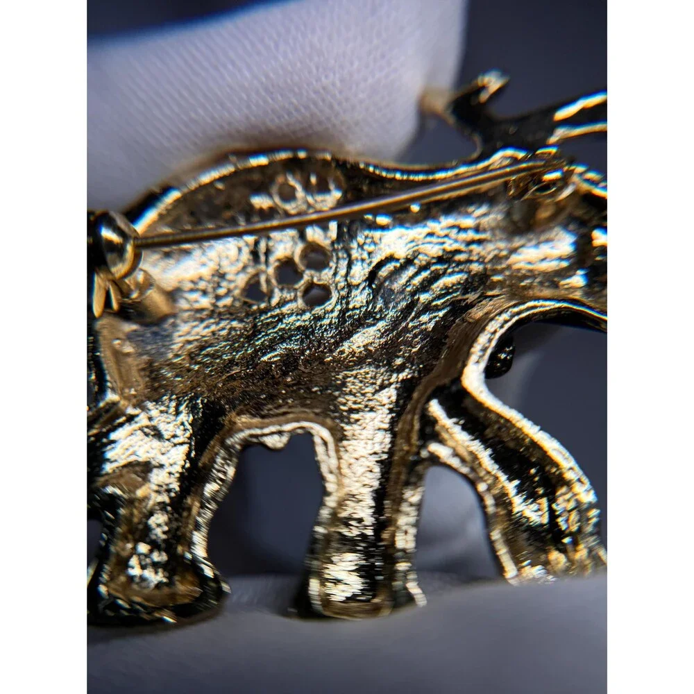 Vintage Black Enamel Elephant Brooch Gold Tone Rhinestone Figural Pin